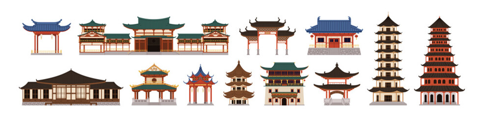Fototapeta premium Chinese buildings set. Traditional Asian architecture. Pagoda, ancient temple, palace, house in oriental style. Historical structures in China. Flat vector illustration isolated on white background