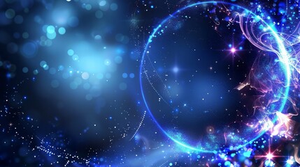Obraz premium A blue and black background with stars and a circular object in the middle A blurry circle overlaps the center