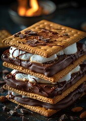 Smores - smores with melted chocolate and marshmallow between graham crackers.