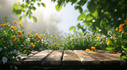 wooden table set against a backdrop of lush spring greenery and flowering branches, illuminated by sunlight, ideal for showcasing products in a natural setting Spring beautiful background