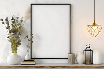 Mockup black poster frame and accessories decor in cozy white interior background