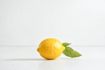Fresh Lemon with Green Leaves on White Background