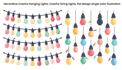 Decorative Colorful Hanging Lights, Colorful String Lights, flat design single color illustration vector isolated on white background