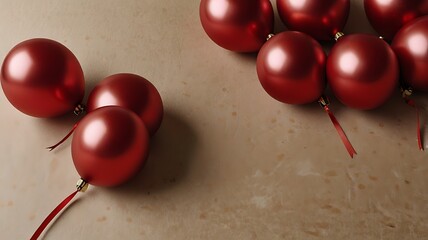 A cluster of red balloons presents a minimalist charm against a light brown backdrop