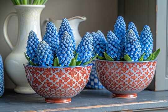 Blue Grape Hyacinths in Patterned Red Bowls on Wooden Shelf - Home Decor and Botanical Photography