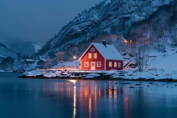 Fototapeta premium Cozy Red Cabin Reflecting on Serene Snowy Lake at Dusk in Winter Wonderland