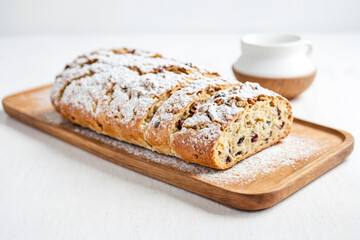 Close-up of Delicious Bread with Powdered Sugar on a Wooden Board