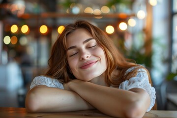 Obraz premium Woman relaxing at restaurant table with eyes shut