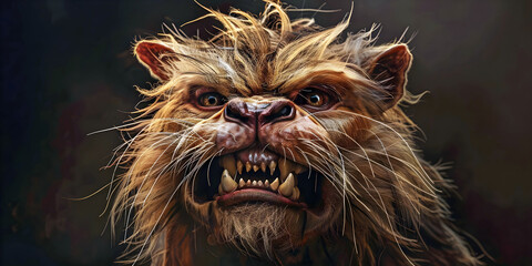 close up portrait of a gremlin lion, ai generated.