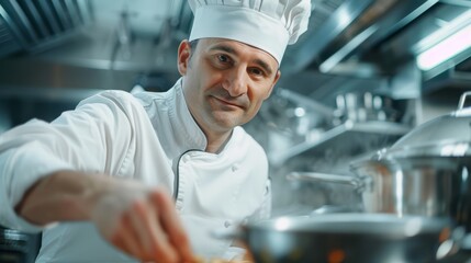 Professional Chef in White Uniform Cooking in a Modern Restaurant Kitchen. Perfect for culinary blogs, food magazines, and cooking school promotions.