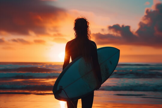 A back silhouette of a one female surfer standing with a surfboard on the beach with a beautiful sunset in the background.
