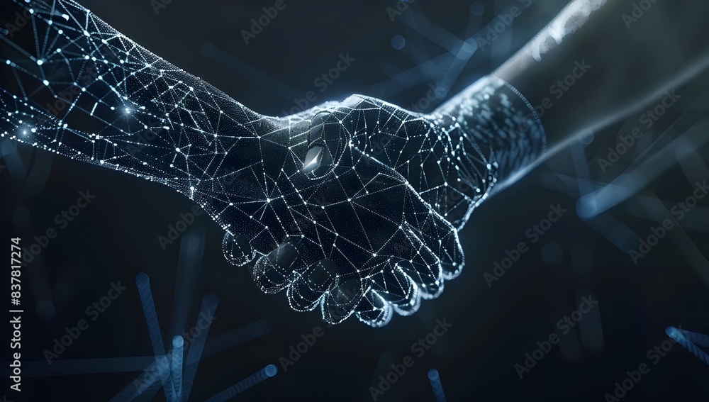 Poster digital handshake representing digital business, technology and connection concept with wireframe ho