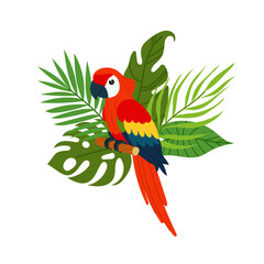 A tropical forest. Composition of tropical plants and tropical bird. Parrot on a background of tropical branches in a flat style.