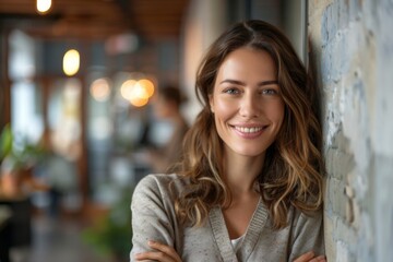 Happy lady against wall arms crossed