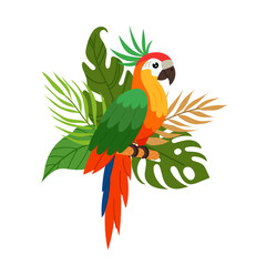 Parrot on a background of tropical plants in a flat style. Composition of tropical plants and tropical birds. Summer tropical sticker.