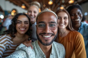 Man with spectacles, beard surrounded by group