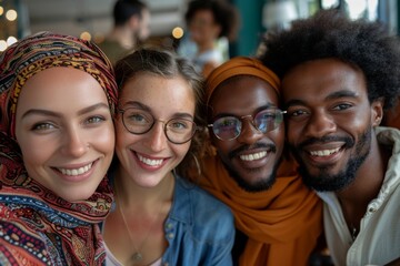 People smiling for photo with man and woman in restaurant