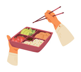 Hands holding bento box with food vector illustration isolated on white. Eating lunch with bamboo sticks from bento box. 