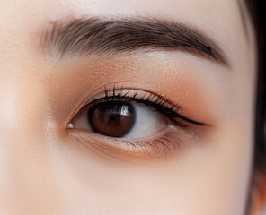 Fototapeta premium A close-up of one eye of a Korean female model wearing eye makeup with a dark eye line. Beauty, makeup and cosmetics advertising background.