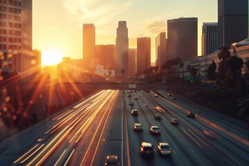 Obraz premium Sunset Downtown LA Skyline Featuring Buildings and Highway
