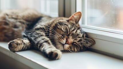 Sleeping Cat on Windowsill with Soft Light