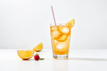 Fototapeta premium Glass of Iced Tea with Lemon Slices and Raspberry