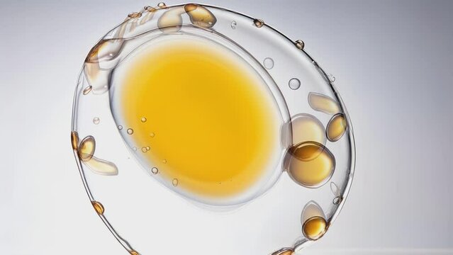 Transparent cosmetic gel fluid with molecule bubbles oil distribution on a white background. Macro Shot of Natural Organic Cosmetics, Medicine. Production Close-up. Slow Motion