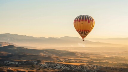 Hot Air Balloon Floating in Clear Sky with Mountains