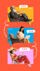Poster. Contemporary art collage. Business people in virtual collaboration from different speech bubbles as remote workplaces. Concept of remote working and studying, work from home, teamwork, online.