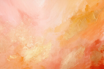 Canvas background with soft pink, peach fuzz colors and gold, blended of cream paint strokes and splashes, abstract banner for design or web.