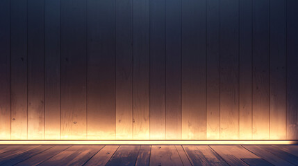 A minimalist interior with a smooth wall, a dark wooden floor with glossy reflections, and a sophisticated backdrop for various uses