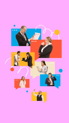 Poster. Contemporary art collage. Group of people, colleagues in colorful speech bubbles representing remote communication. Concept of remote working and studying, work from home, teamwork, online. Ad