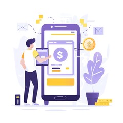 Illustration of a person using a mobile app for financial transactions. Concept of digital banking, money transfer, and online payment.