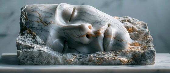 Serene marble sculpture of a sleeping face, beautifully carved out of stone. The detailed artistry captures peaceful repose and tranquility.