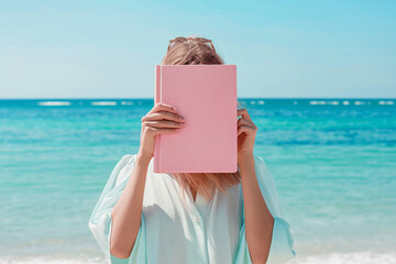 Woman covering her face with a pink book on the beach