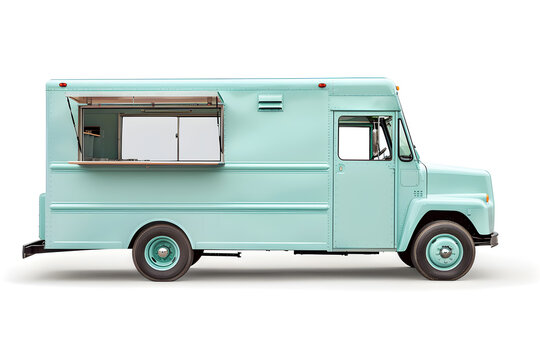 Pastel blue, turquoise food truck side view isolated on white background - Powered by Adobe