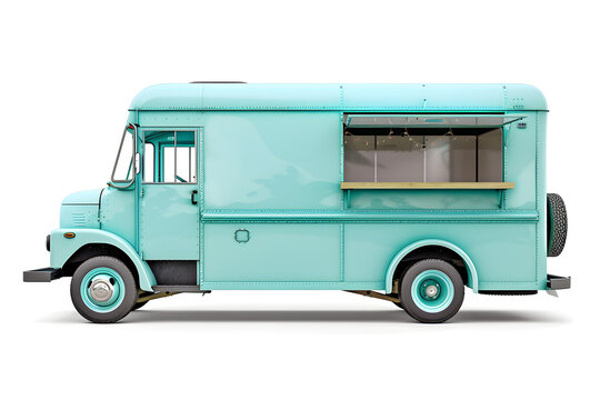 Pastel blue, turquoise food truck side view isolated on white background