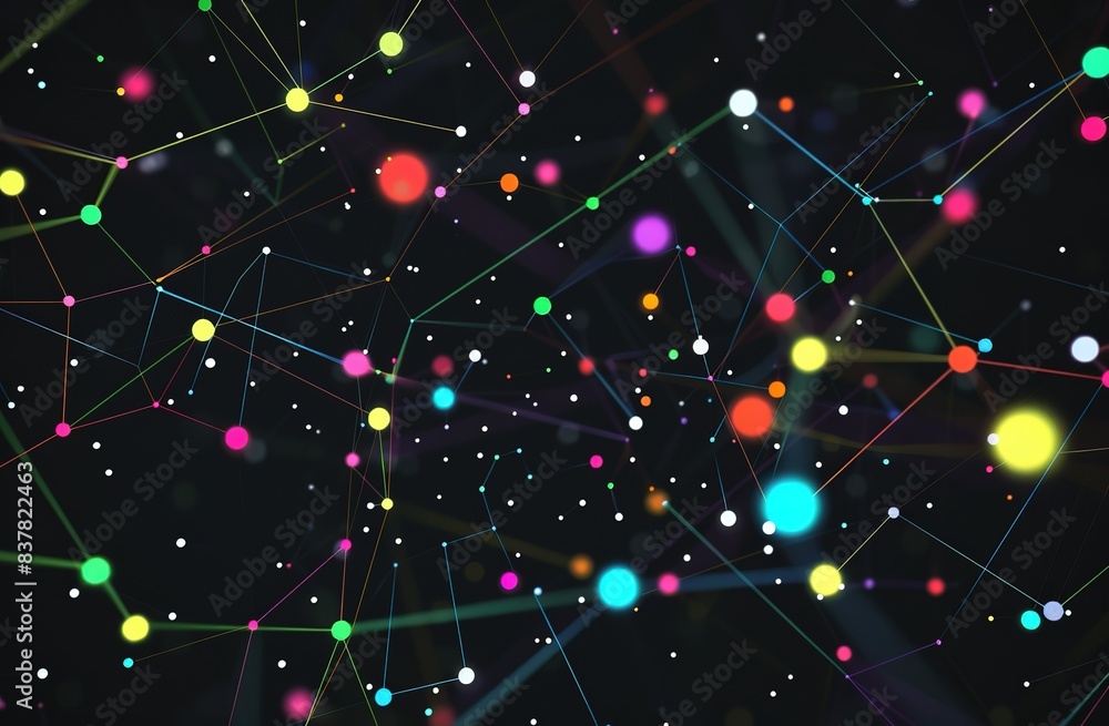 Poster abstract network connection with colorful nodes on dark background