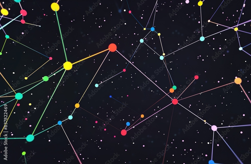 Poster abstract network connection with colorful nodes on dark background
