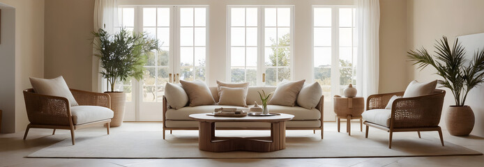 Inviting interior designers and furniture retailers to consider this bright living room, featuring wicker armchairs and a neutral color palette