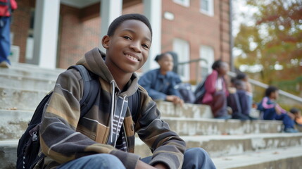 A teenage black male middle school student with short hair carrying a backpack is sitting on the outdoor steps of the school and smiling at the camera.