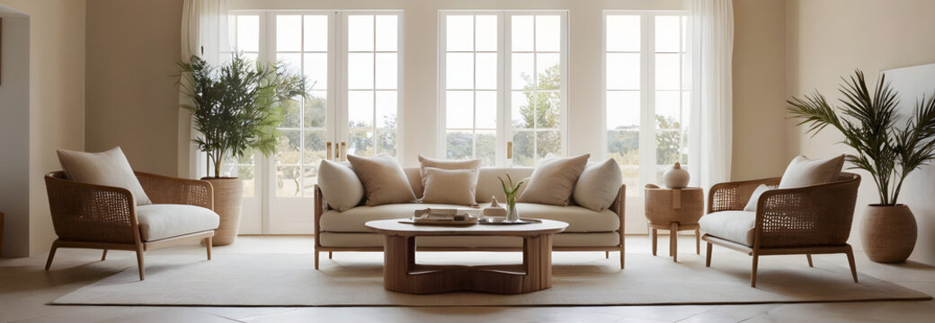 Inviting interior designers and furniture retailers to consider this bright living room, featuring wicker armchairs and a neutral color palette