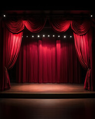 Empty theatrical stage in elegance with rich red velvet curtains and accentuated by spotlights and small lights, background for presentation new product and montage.