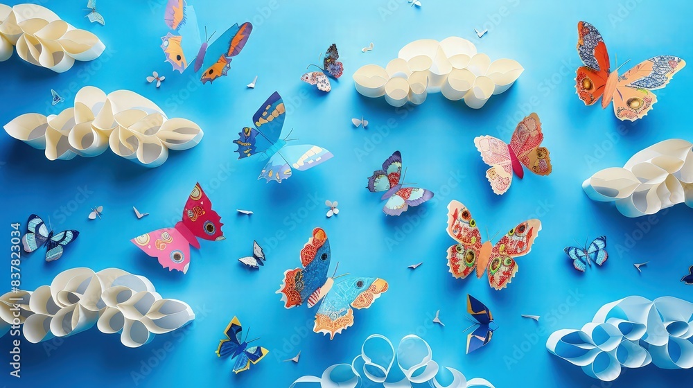 Poster an array of colorful butterflies fluttering gently among layered paper-crafted clouds against a brig