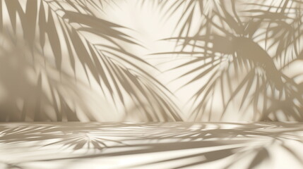 The shadow of palm tree leaves illuminated by sunlight is cast on a white wall and floor. A shaded style summer, leisure, vacation background. Studio background for advertising shoots.