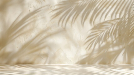 The shadow of palm tree leaves illuminated by sunlight is cast on a white wall and floor. A shaded style summer, leisure, vacation background. Studio background for advertising shoots.