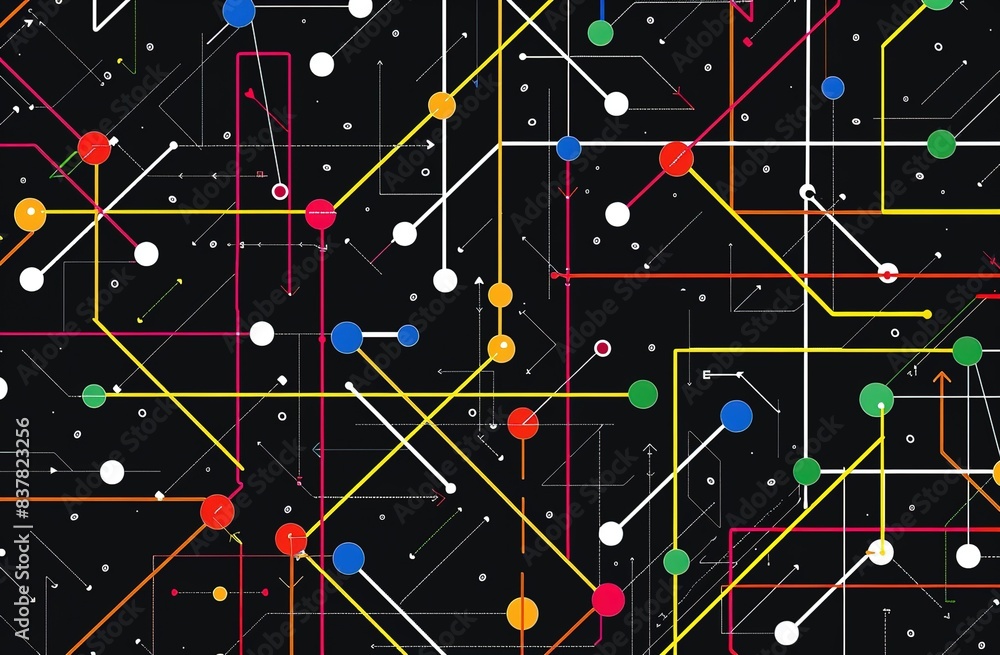 Poster abstract network connection with colorful nodes on dark background