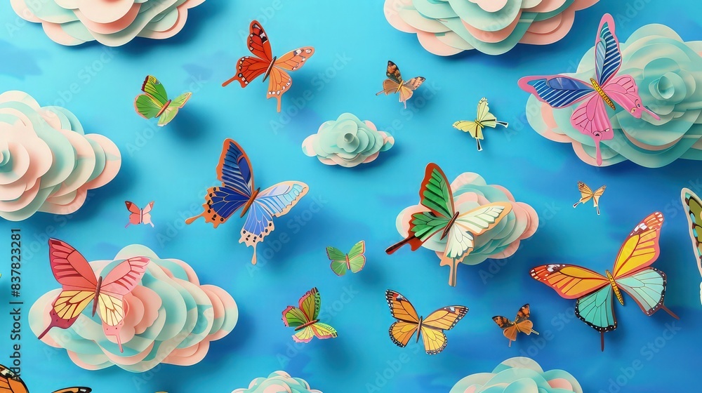 Poster an array of colorful butterflies fluttering gently among layered paper-crafted clouds against a brig