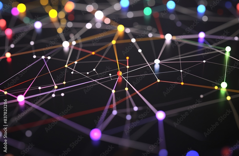 Poster abstract network connection with colorful nodes on dark background