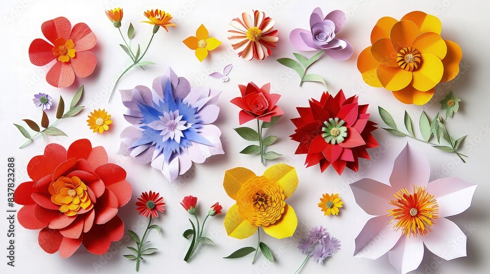 Poster an array of different flower types made with paper cut work, showcasing intricate paper crafts and i